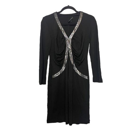 Lafayette Dresses & Skirts - Lafayette 148 Size 6 Black Dress Metallic Silver Trim Ruched Sides Stretchy
